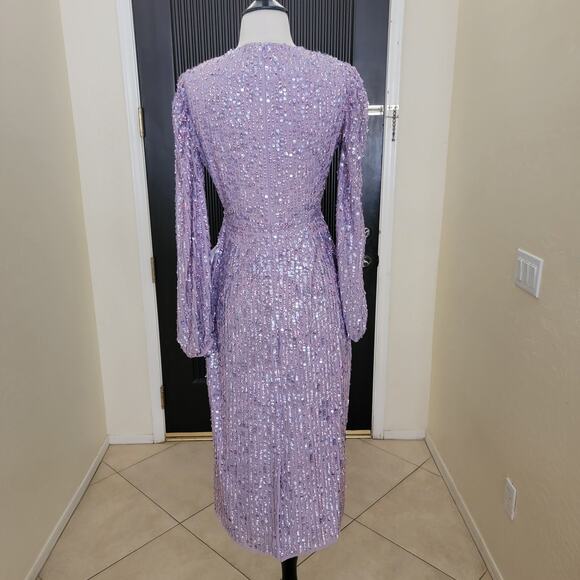 Mac Duggal 107641 Lavender Purple 2 Sequin Lilac Long Sleeve Midi Dress Evening - Picture 11 of 13